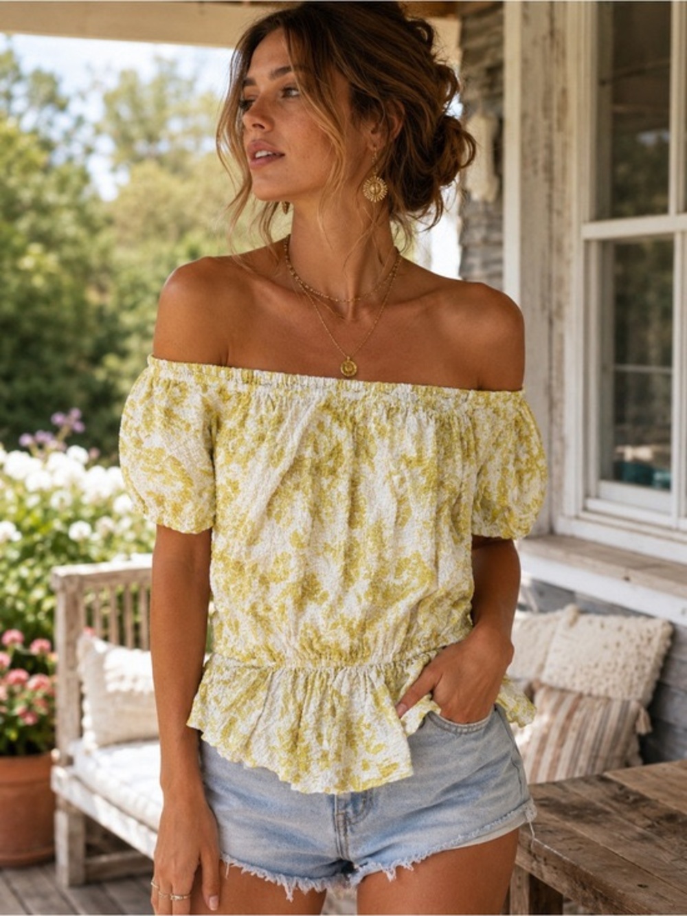Free People Off The Shoulder Top Women's XS White Yellow Cotton Gauze